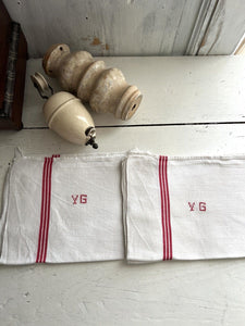 PAIR vintage French LINEN TEA TOWELS YG mono c1920