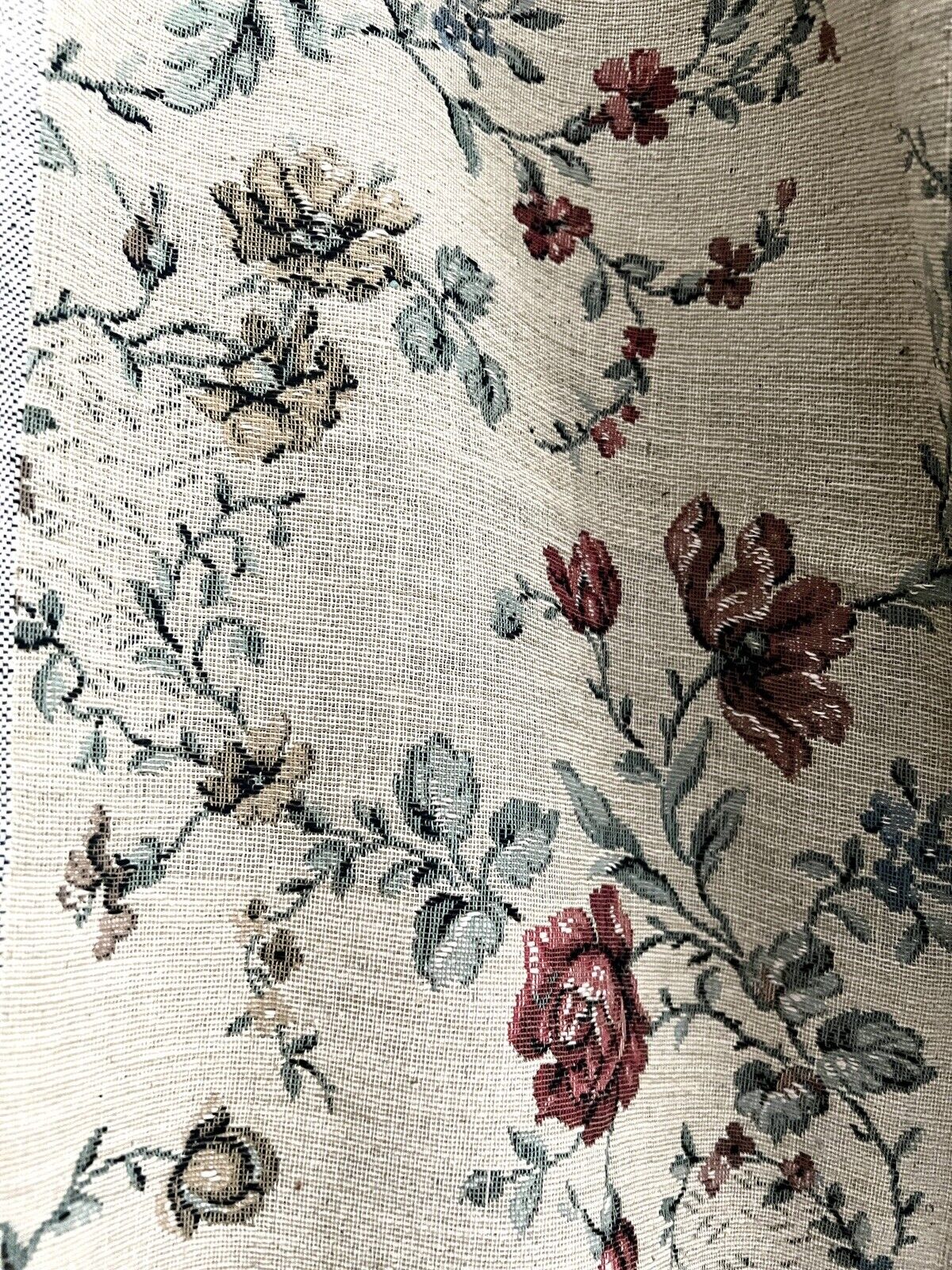 Vintage French HEAVY BOTANIC JACQUARD linen fabric ROSES panel UPHOLSTERY c1940