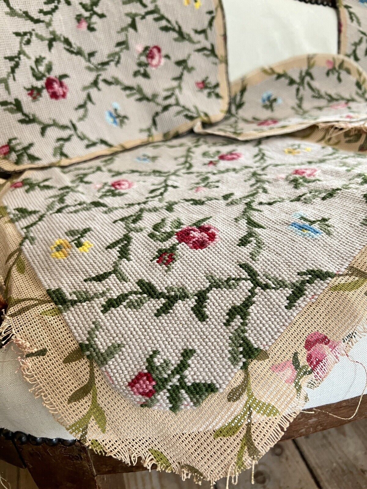 Vintage French PAIR TAPESTRY cotton chair covers floral bouquets c1950