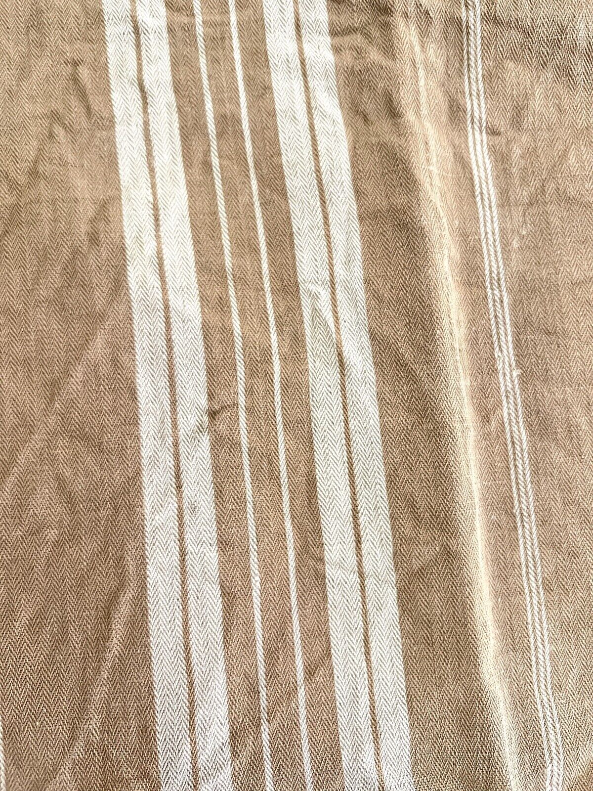 Antique WIDE French TICKING LINEN copper tones UPHOLSTERY c1900