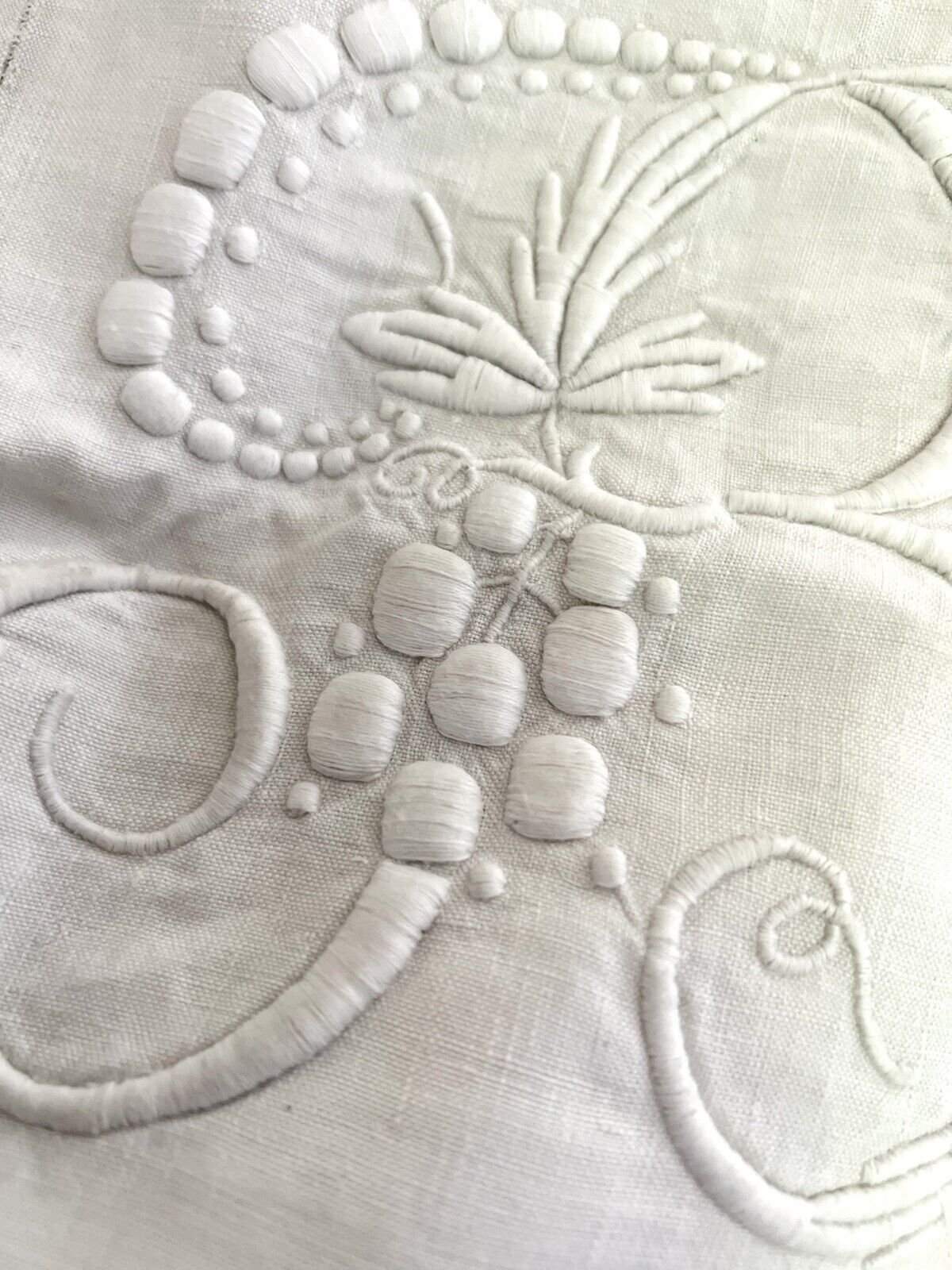 STUNNING antique French TROUSSEAU floppy LINEN FIL sheet LACE JB mono c1900