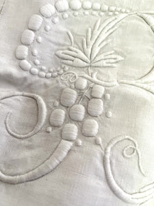 STUNNING antique French TROUSSEAU floppy LINEN FIL sheet LACE JB mono c1900