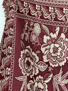 Vintage French FLORAL BURGUNDY BOTEH DAMASK wool BEDSPREAD fringes c1930