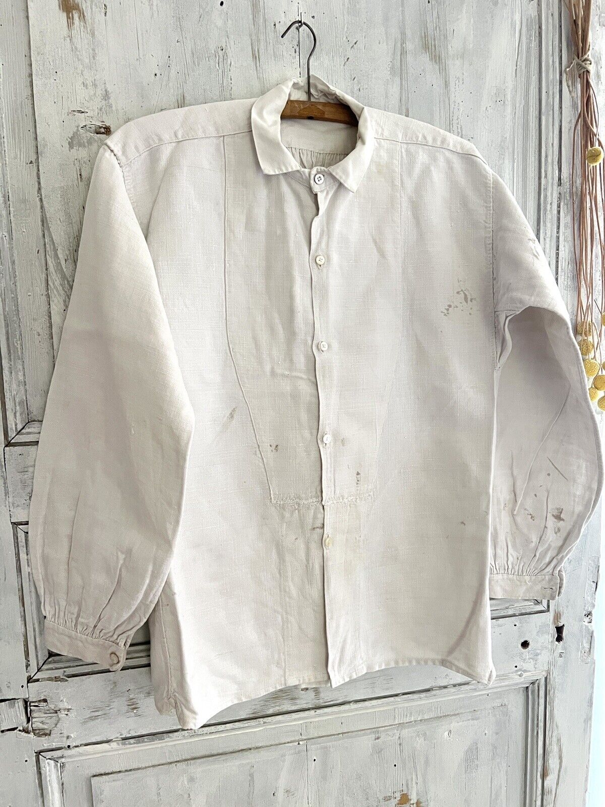 Rare antique French SHORT man front bib WORK WEAR COTTON pintucks SHIRT  c1880