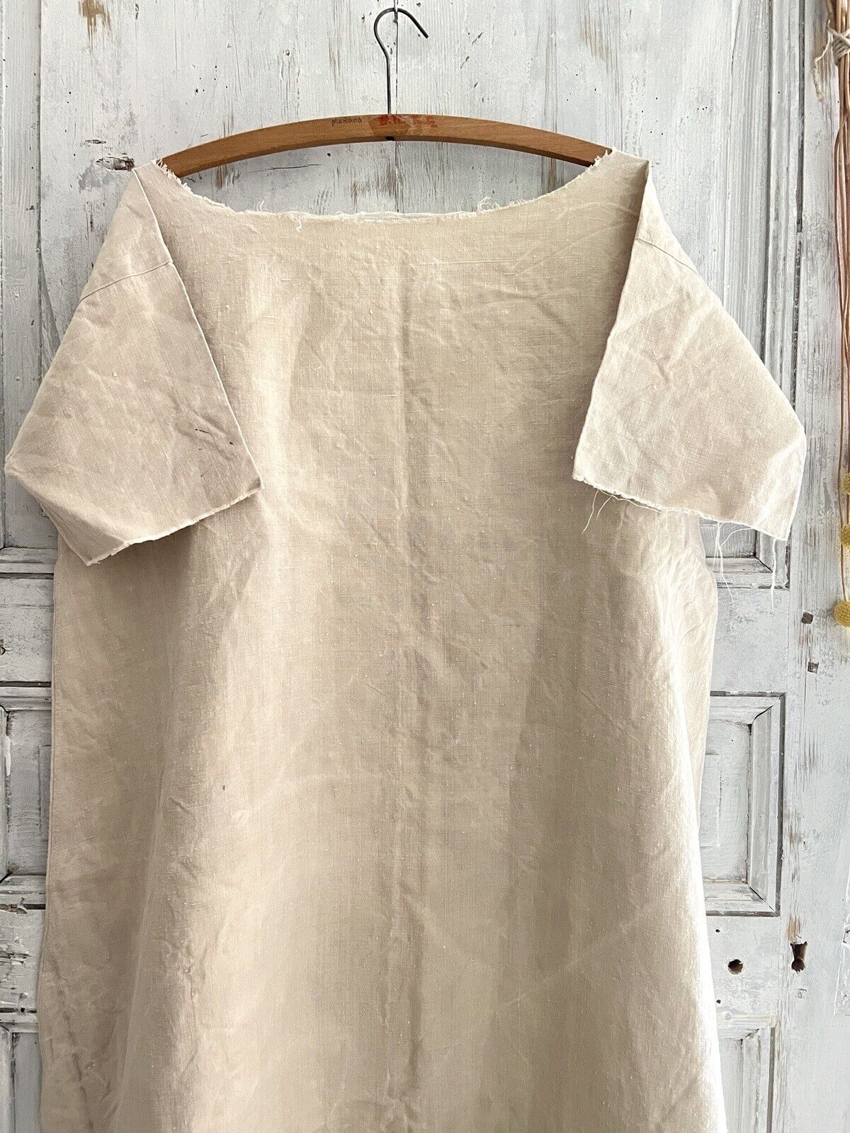 Antique French PRIMITIVE natural FLOPPY LINEN nightshirt UNFINISHED c1830