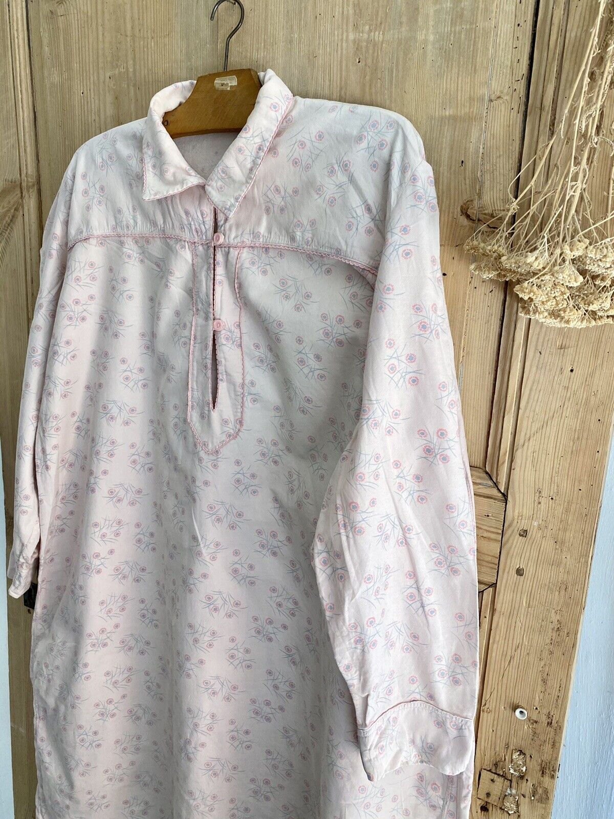 Vintage LONG NIGHTSHIRT faded pink floral FLANNEL COTTON c1930