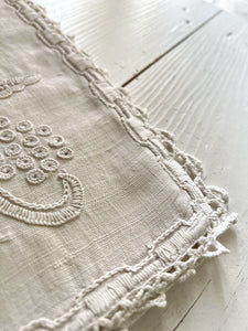 Antique French EMBROIDERED linen LINGERIE BAG crochet trim c1920