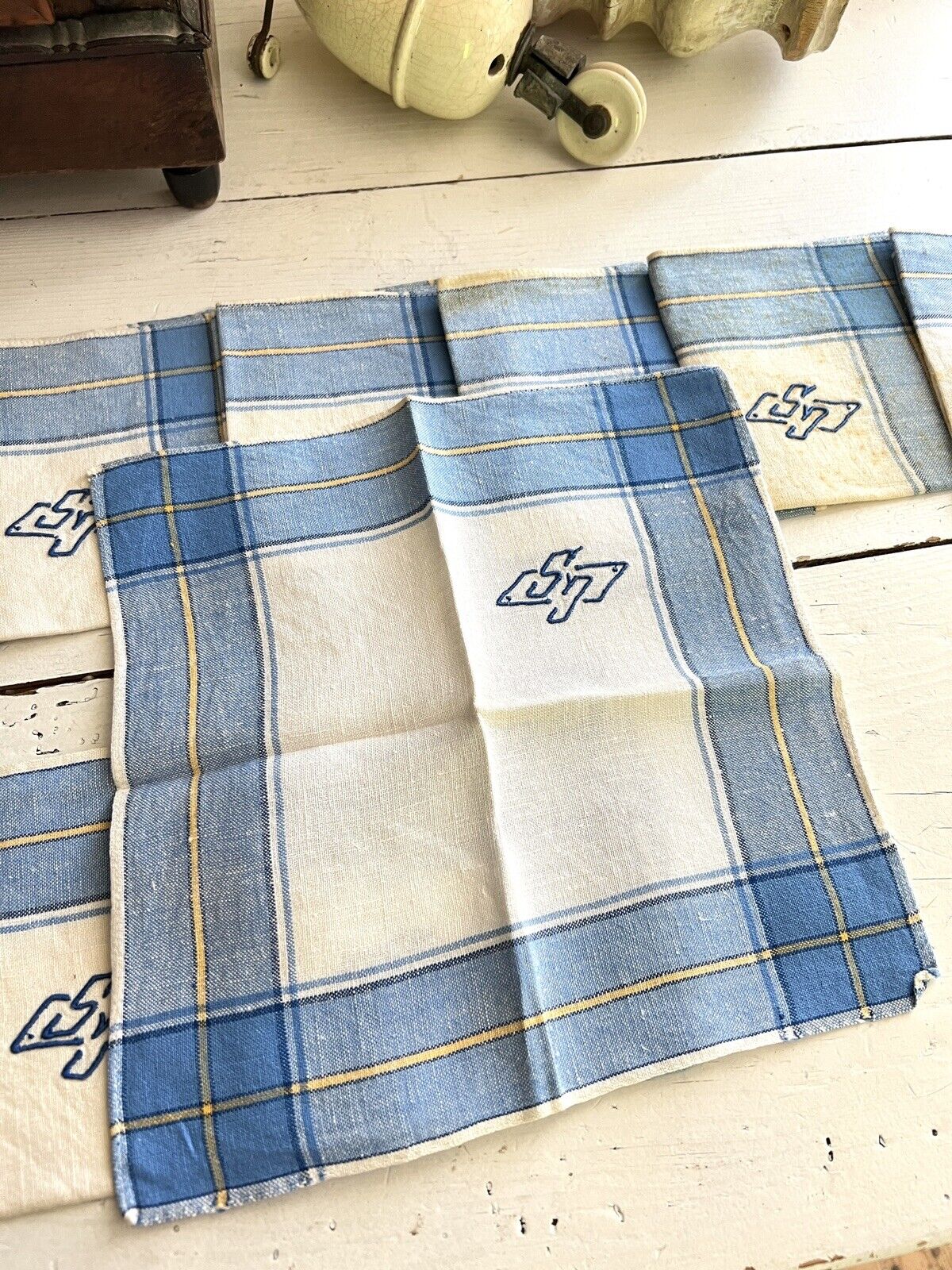 Set 12 vintage French CHOLLET deadstock cotton HANDKERCHIEF GS mono c1930