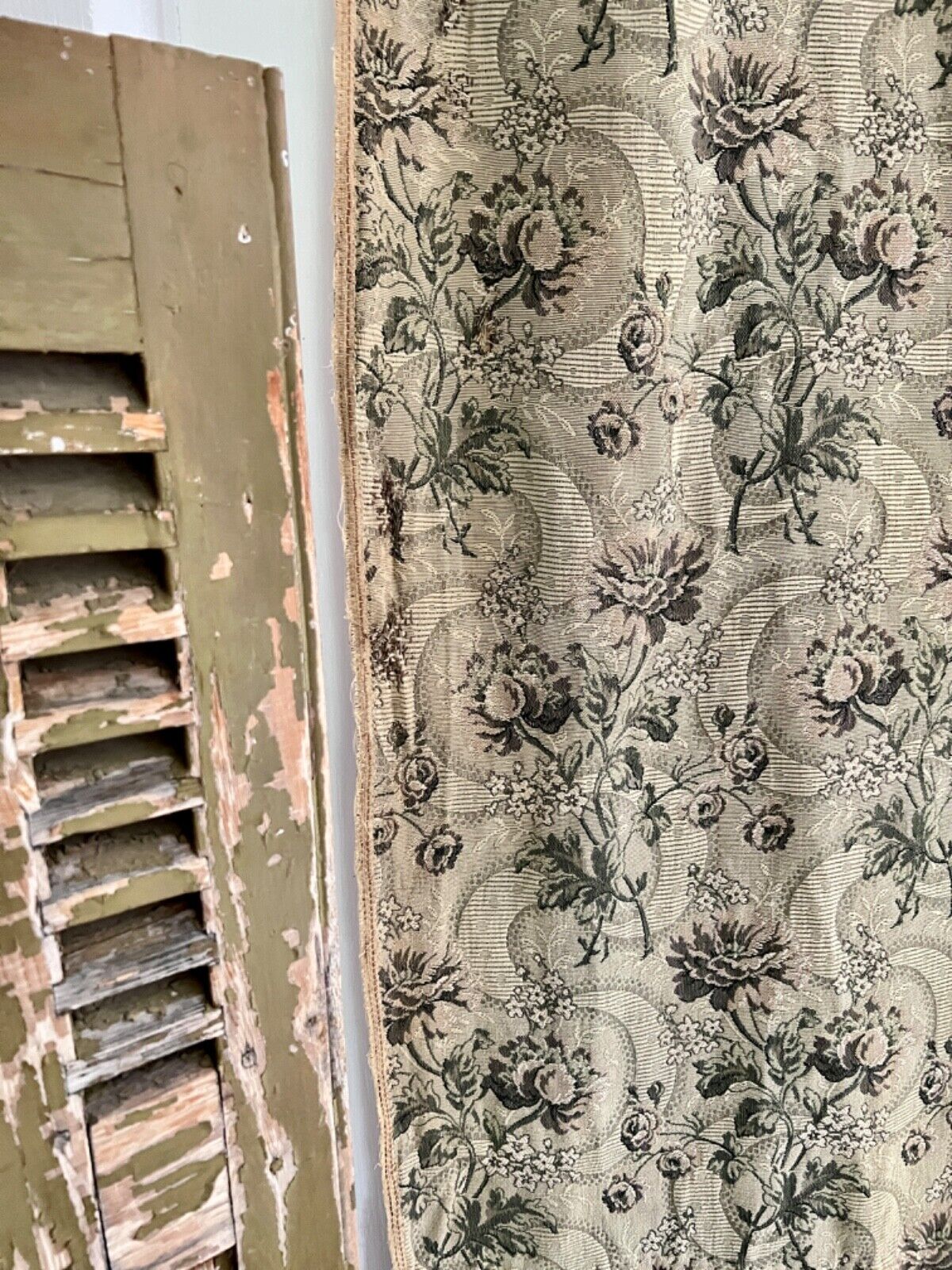 Antique French long woven DAMASK cotton FLORAL GREY green CURTAIN c1910