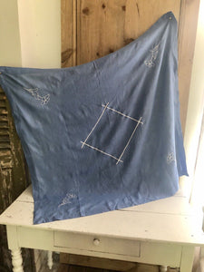 Vintage French china blue LINEN coffee TABLECLOTH ladder work application c1950