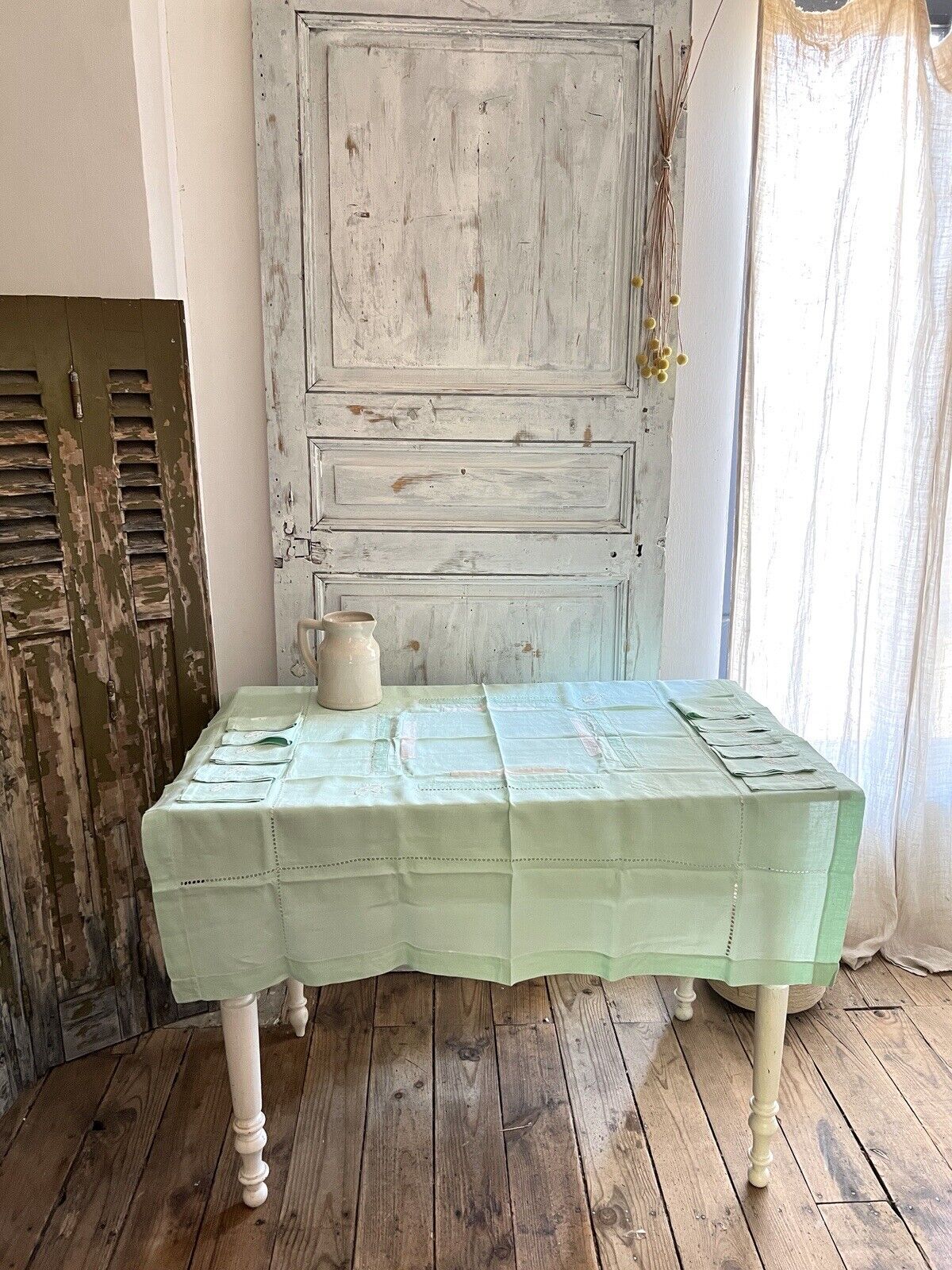 Art Deco SET French FIL OF LINEN TABLECLOTH 11 NAPKINS pale green GP m c1930