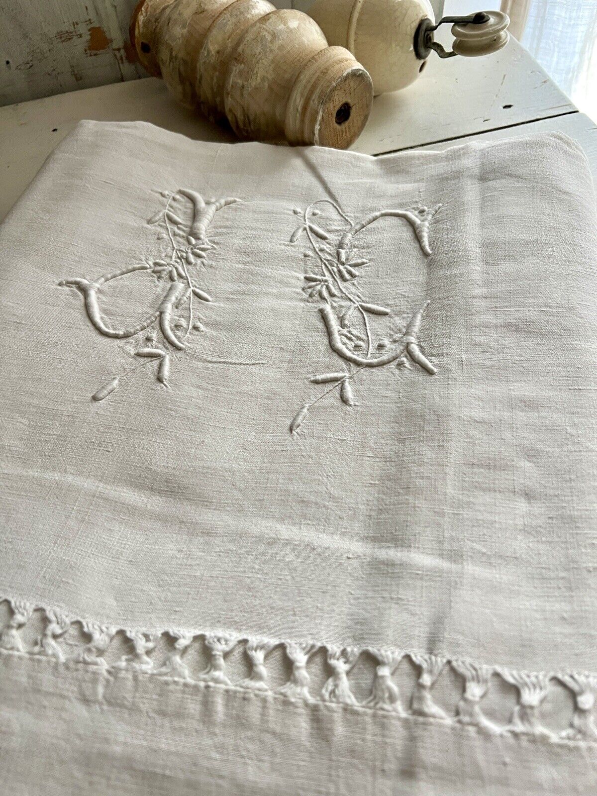 Antique French TROUSSEAU floppy LINEN FIL sheet LACE JC mono c1880