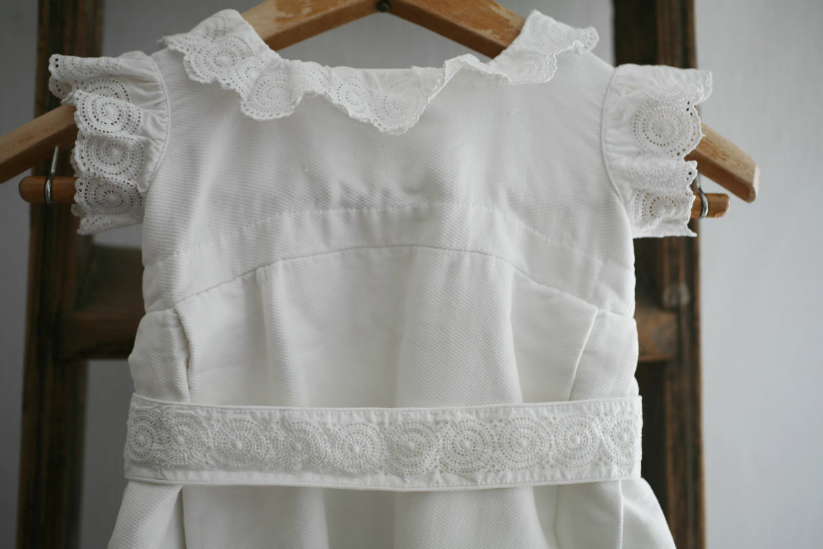 Vintage French CHRISTENING dress cotton GROS GRAIN lace c1950