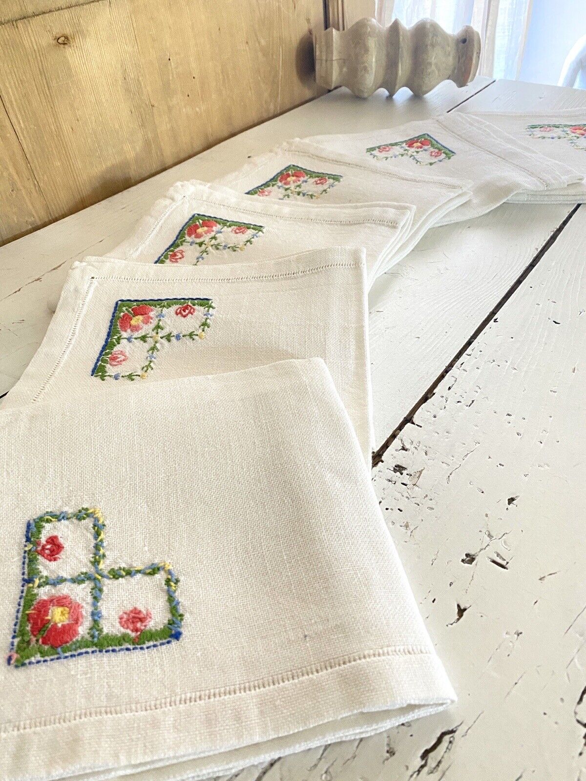 6 Vintage French HEAVY LINEN embroidered NAPKINS openworks c1950