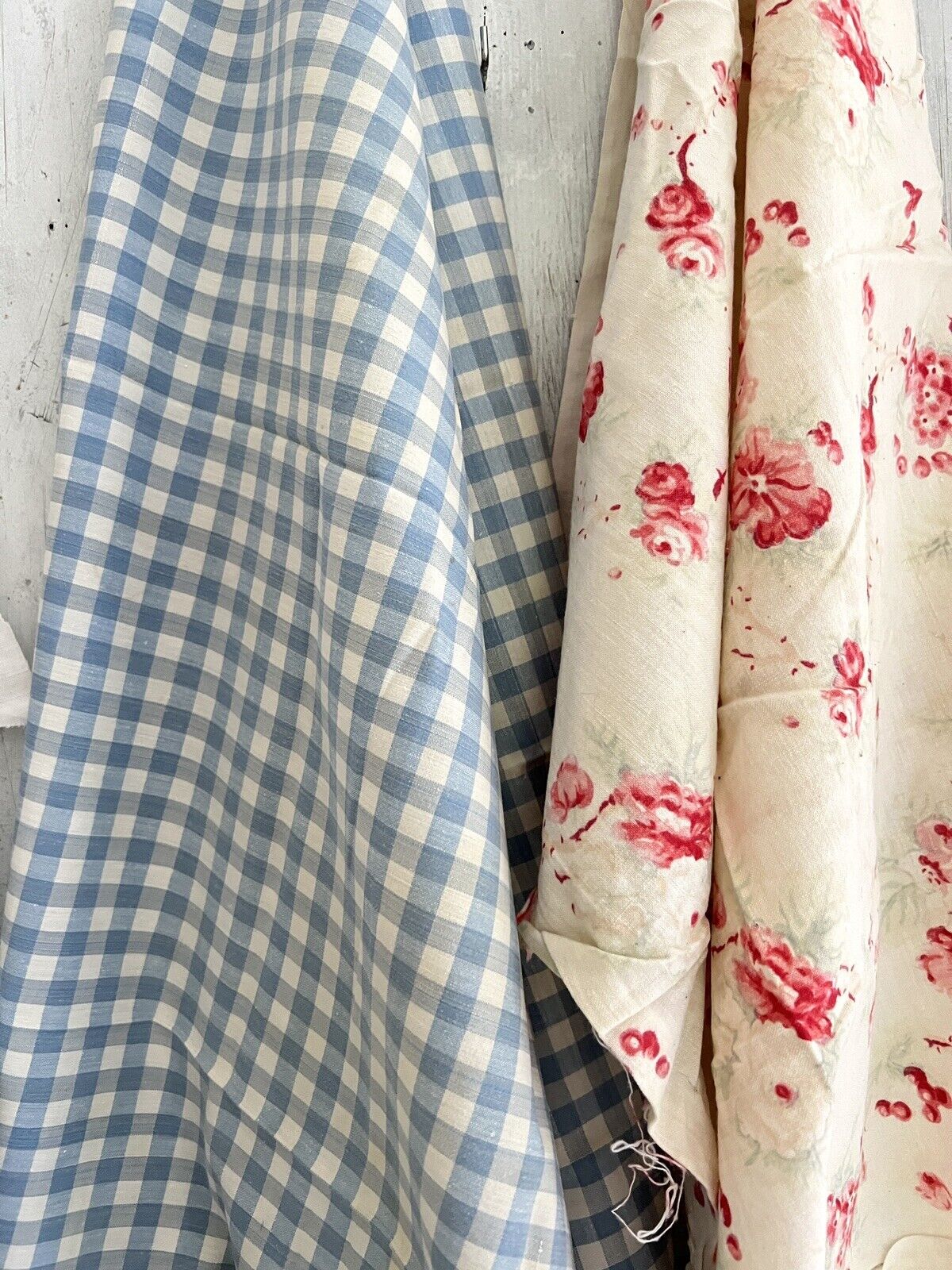 BUNDLE antique CUT BLUE CHECK & FLORAL cotton fabrics lot CRAFT c1900/50