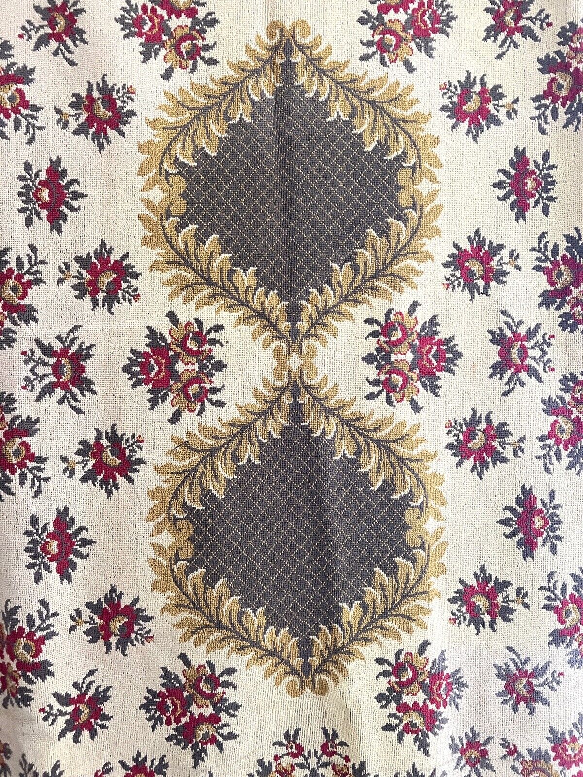 Vintage French FLORAL cotton PROVENCAL GOLD tablecloth wall hanging FRINGE c1950