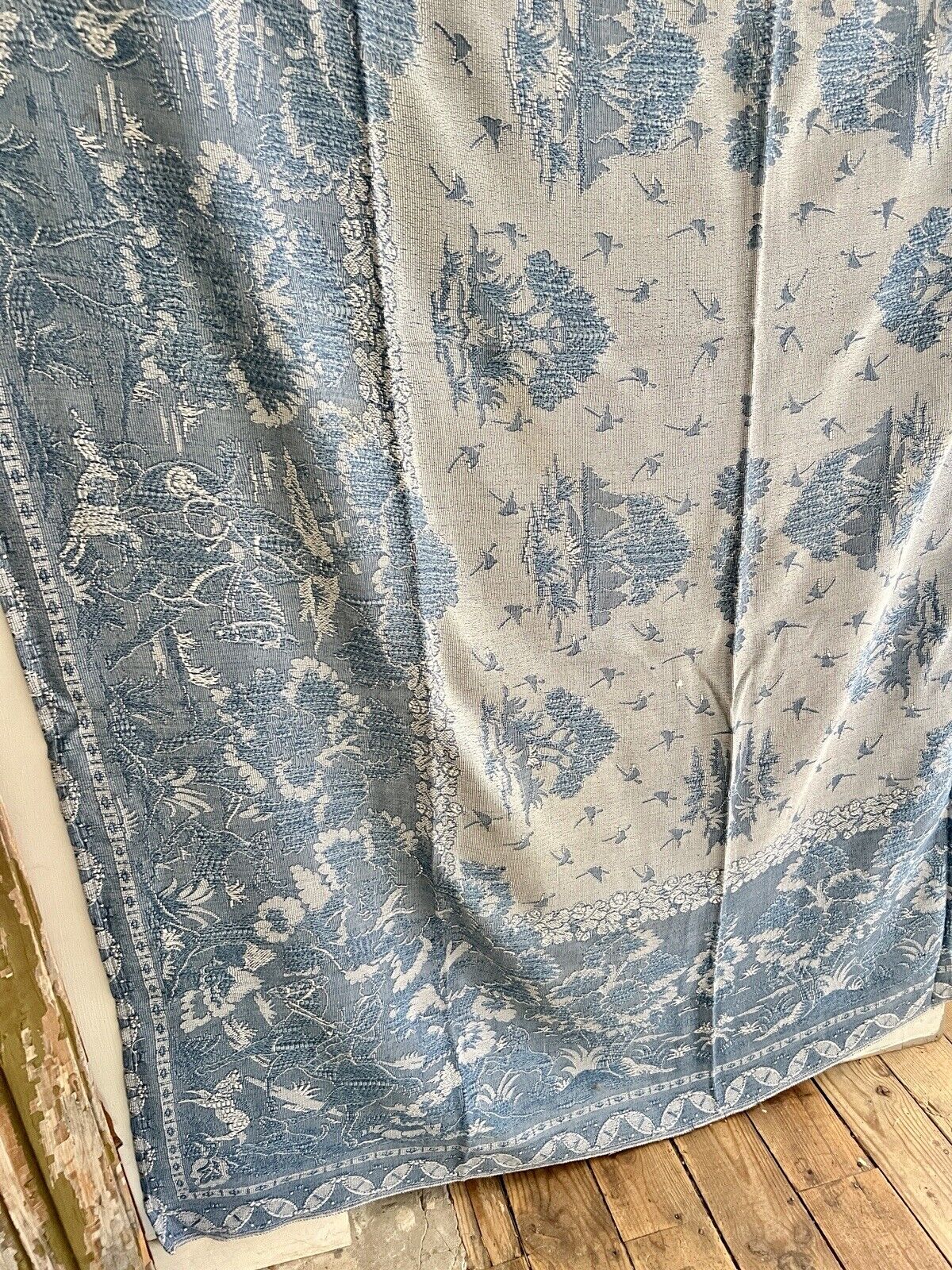 Vintage French BLUE DAMASK cotton BEDSPREAD CHINOISERIE c1930