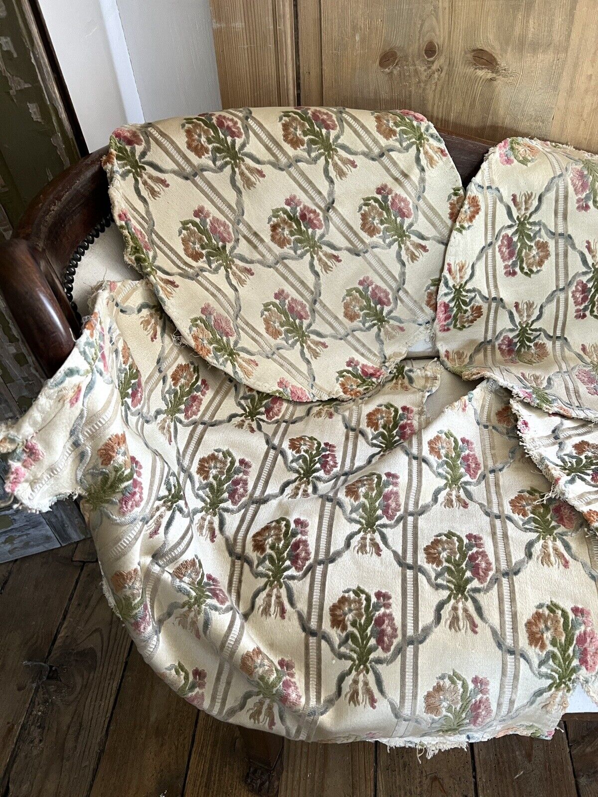 Antique French EMPIRE PAIR DAMASK cotton chair covers floral bouquets c1880