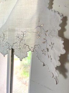 Antique French linen embroidered VALANCE MANTELPIECE FESTONS eyelet c1900