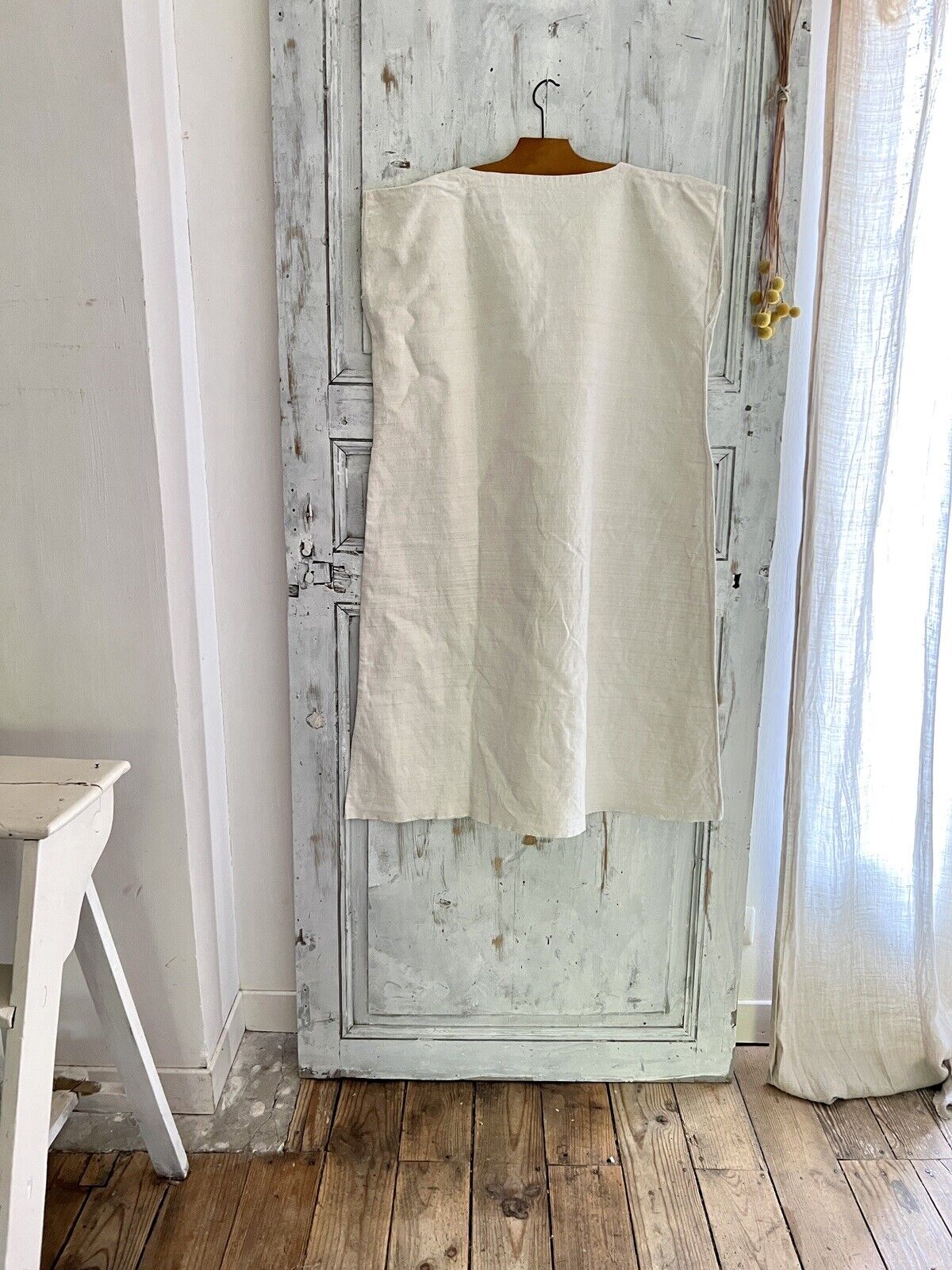 PRIMITIVE French heavy ECRU LINEN nightshirt MD mono CUT c1850