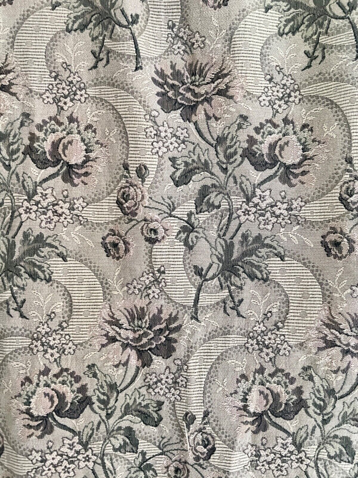 Antique French long woven DAMASK cotton FLORAL GREY green CURTAIN c1910