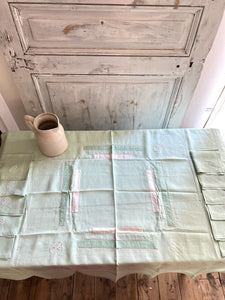 Art Deco SET French FIL OF LINEN TABLECLOTH 11 NAPKINS pale green GP m c1930