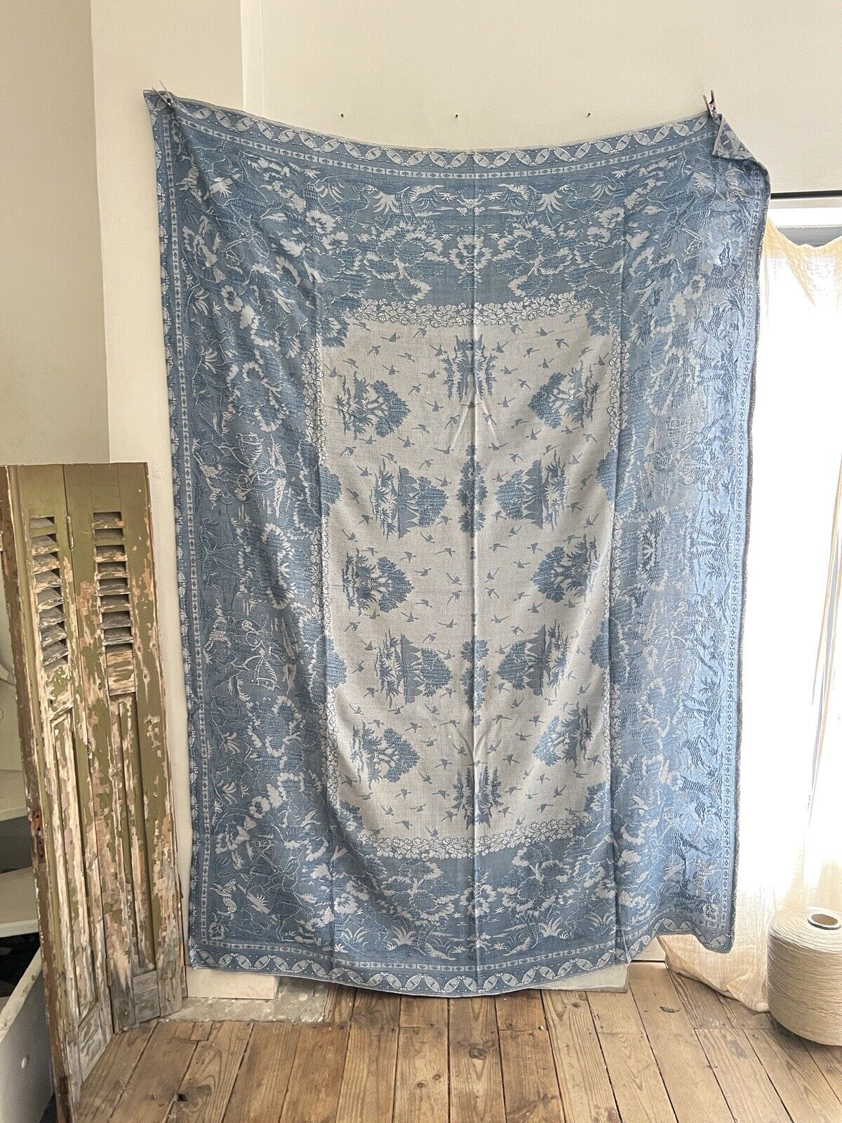 Vintage French BLUE DAMASK cotton BEDSPREAD CHINOISERIE c1930