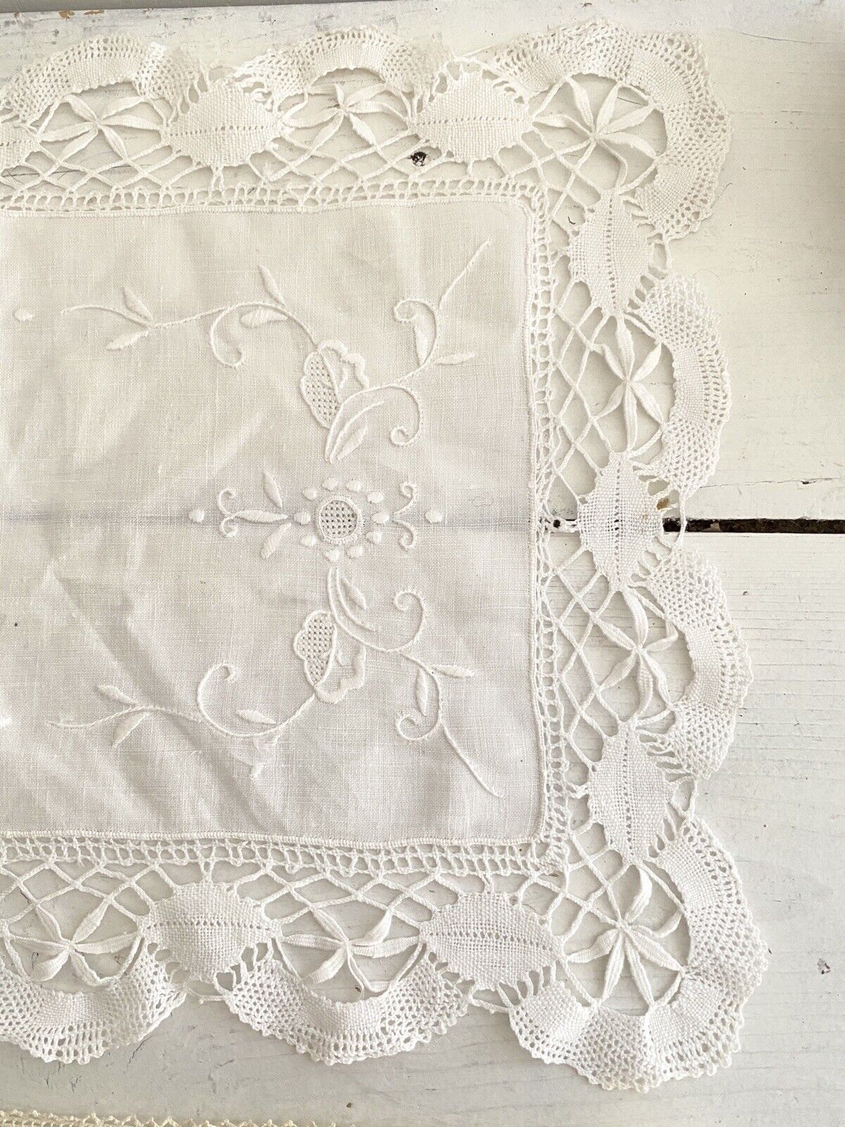 2 Vintage French LINEN napkins DOILY mats FILET LACE c1930