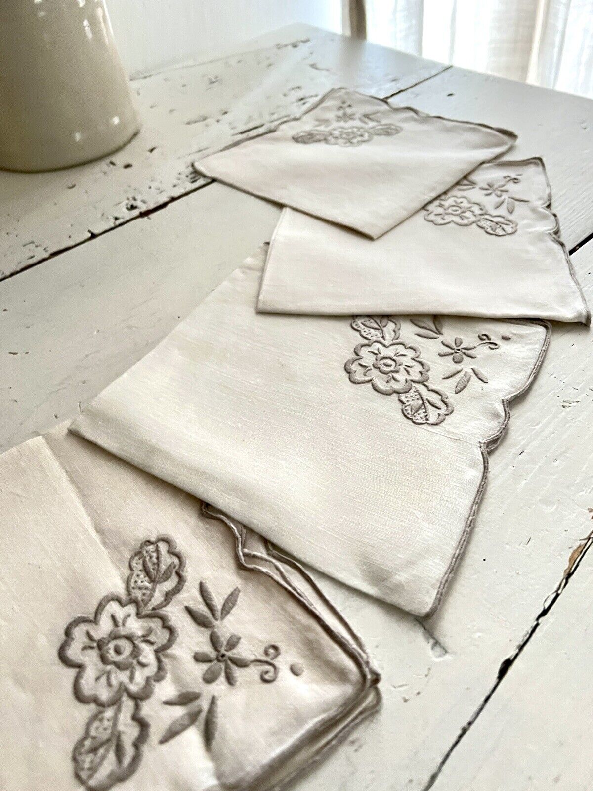 SET 6 vintage French LINEN TEA NAPKINS  gray FLORAL embroideries c1950