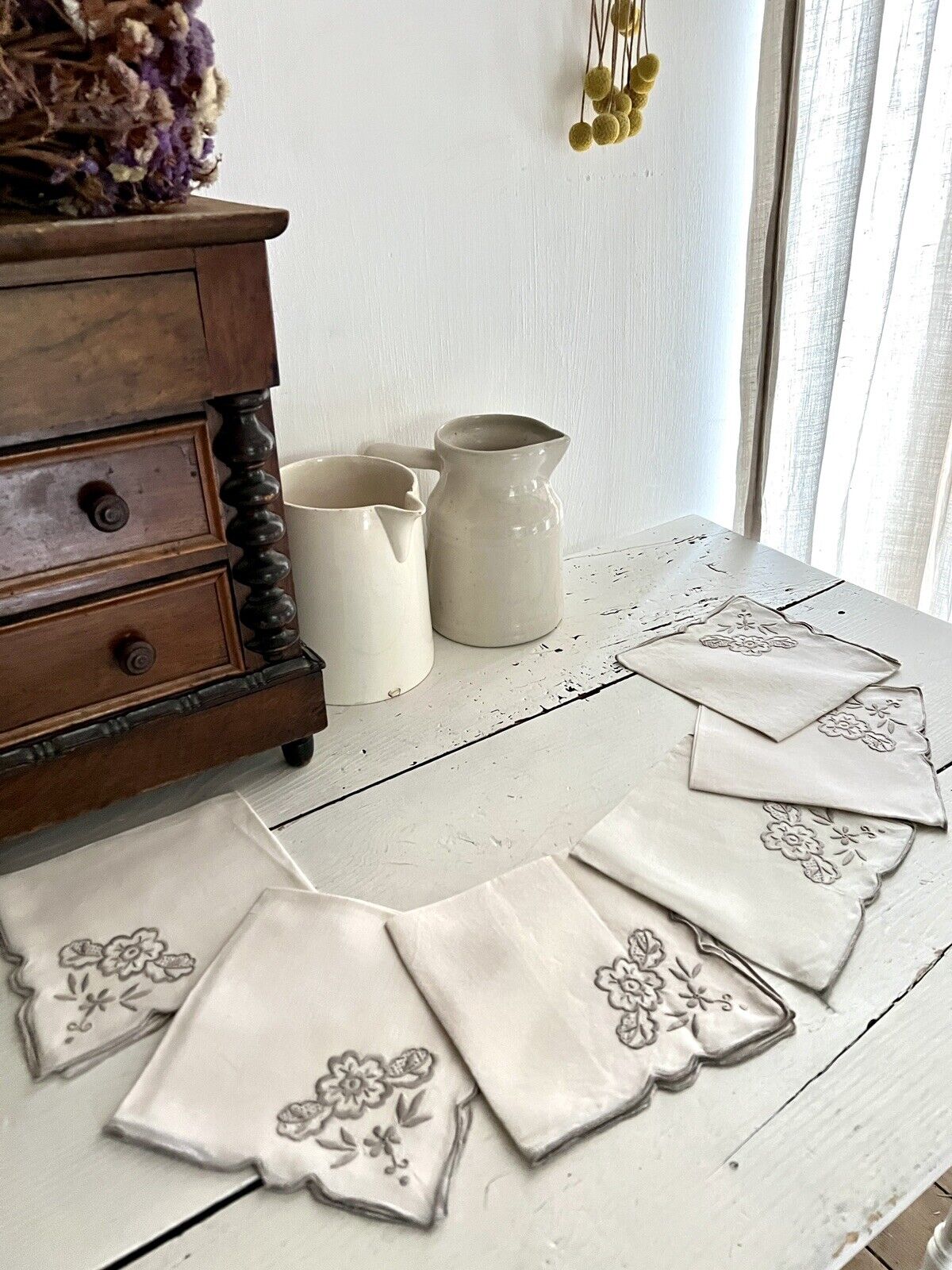 SET 6 vintage French LINEN TEA NAPKINS  gray FLORAL embroideries c1950