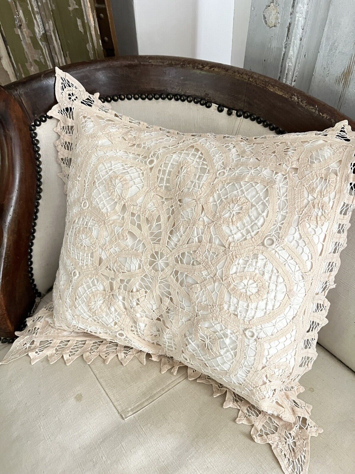 Vintage French Richelieu embroidery PILLOW COVER ivory tone c 1950