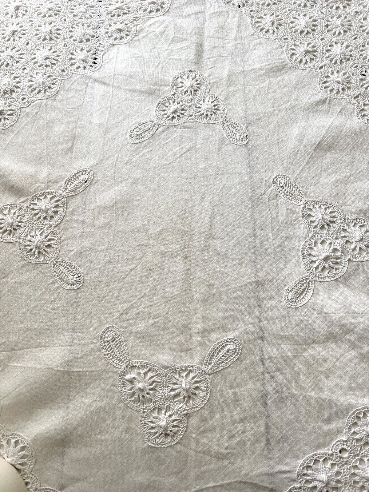 Vintage French EMBROIDERED filet lace LINEN tea TABLECLOTH c1930