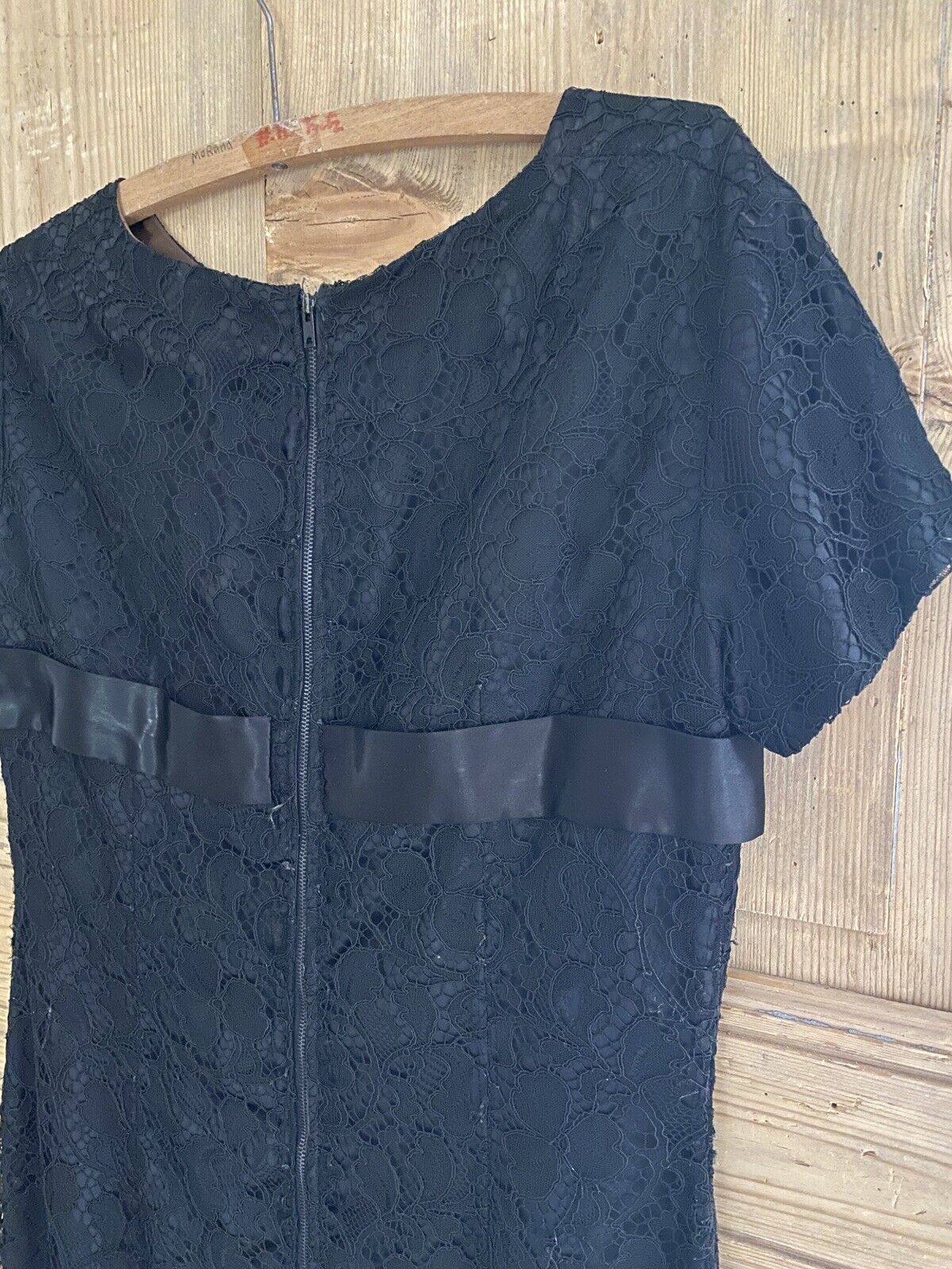 Vintage French BLACK BROCADE LACE belted DRESS c1960