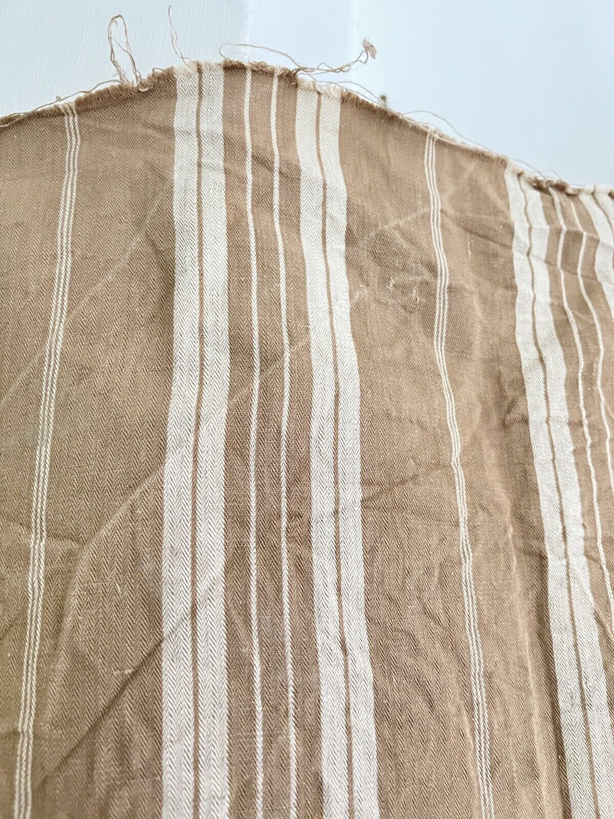 Antique WIDE French TICKING LINEN copper tones UPHOLSTERY c1900