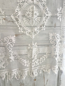 Antique French EMBROIDERED filet lace  tea TABLECLOTH FRINGES c1900