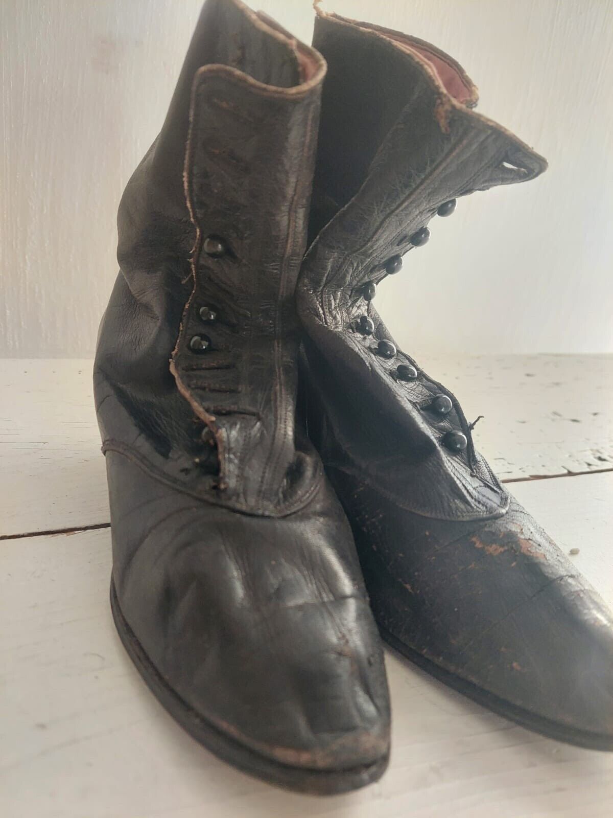 Edwardian French pair woman shoes BLACK LEATHER bobine heel WORN c1850