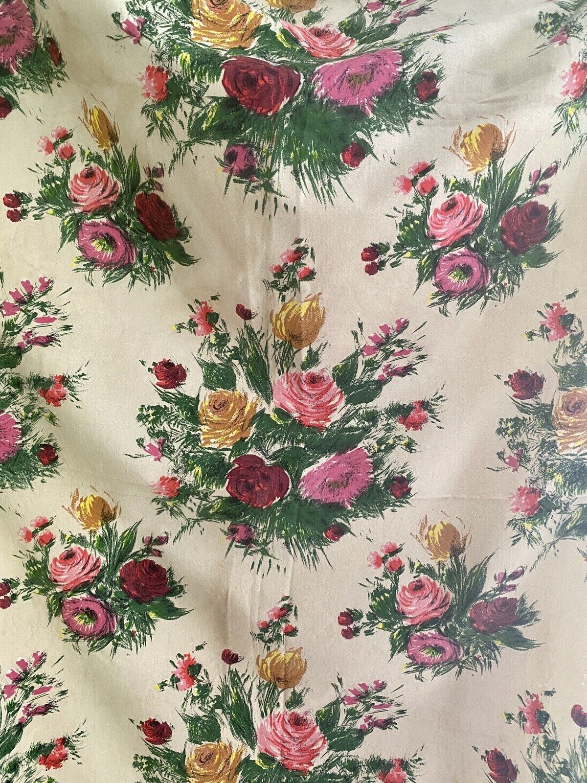 Vintage French FLORAL cotton PANEL large scale ROSES bouquets UPHOLSTERY c1950