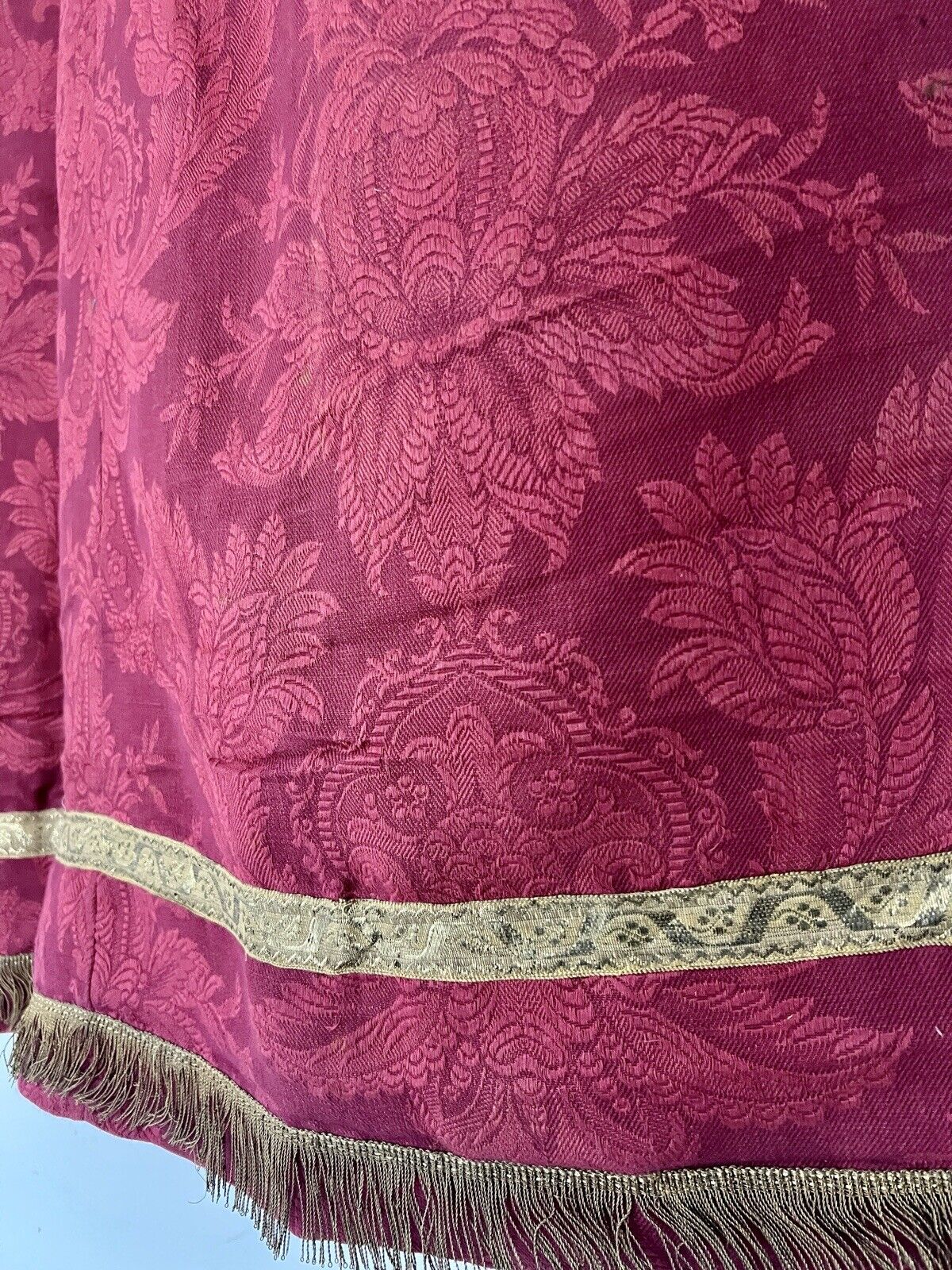 Antique French Empire long PURPLE RED floral DAMASK VALANCE braid FRINGES c1880