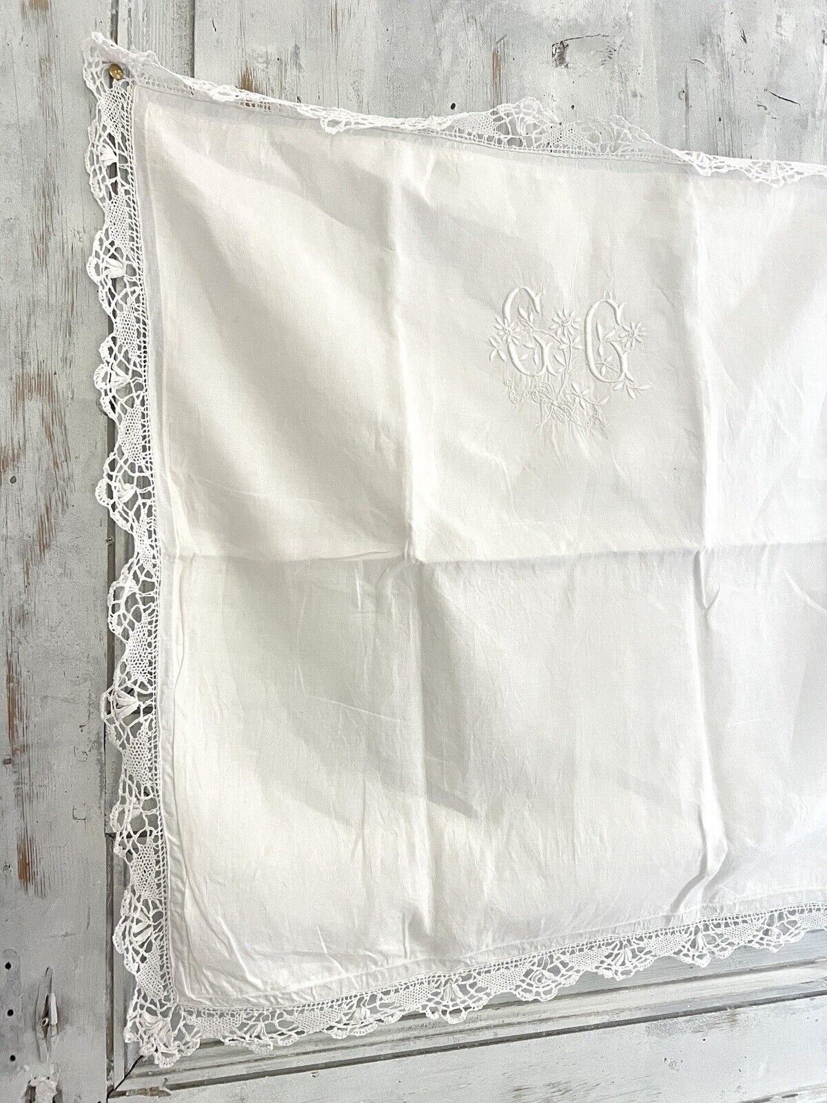 Antique French EMBROIDERED linen  FIL PILLOW SHAM lace TRIM CC mono c1900