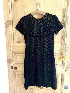 Vintage French BLACK floral LACE DRESS c1960