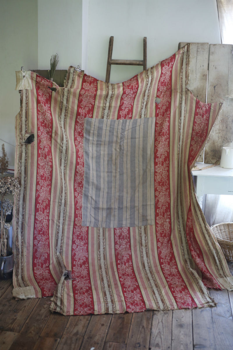 RARE Napoleon III French TICKING cotton PATCHED red cramoisi FLORAL c1850