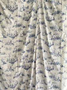 PAIR vintage French blue TOILE DE JOUY cotton PASTORAL CURTAINS BACKED c1950