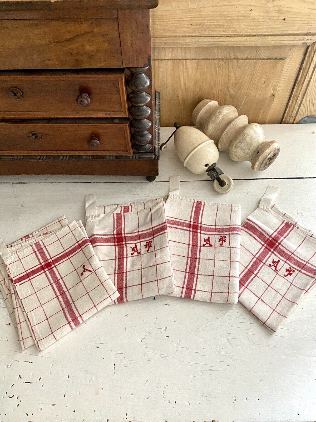 SET 4 antique French TEA TOWELS linen FA mono c1900