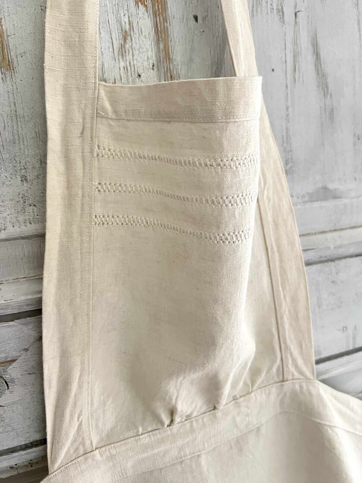 Antique French EMBROIDERED heavy linen cotton NATURAL WORK WEAR APRON c1920