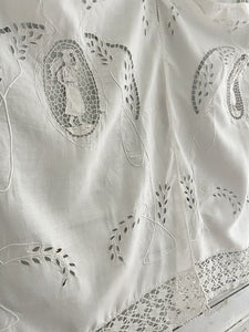 PAIR Art Nouveau French LINEN FILET LACE  trim curtain BRISE BISE eyelet c1920