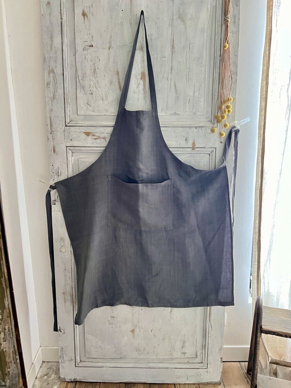 French UPCYCLED GRAY dye antique linen WORK WEAR APRON Les Toiles Blanches