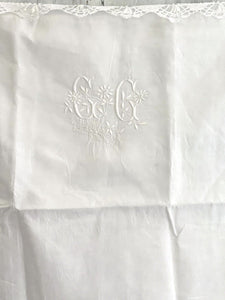 Antique French EMBROIDERED linen  FIL PILLOW SHAM lace TRIM CC mono c1900