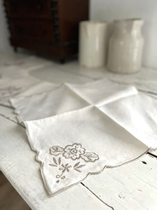 SET 6 vintage French LINEN TEA NAPKINS  gray FLORAL embroideries c1950