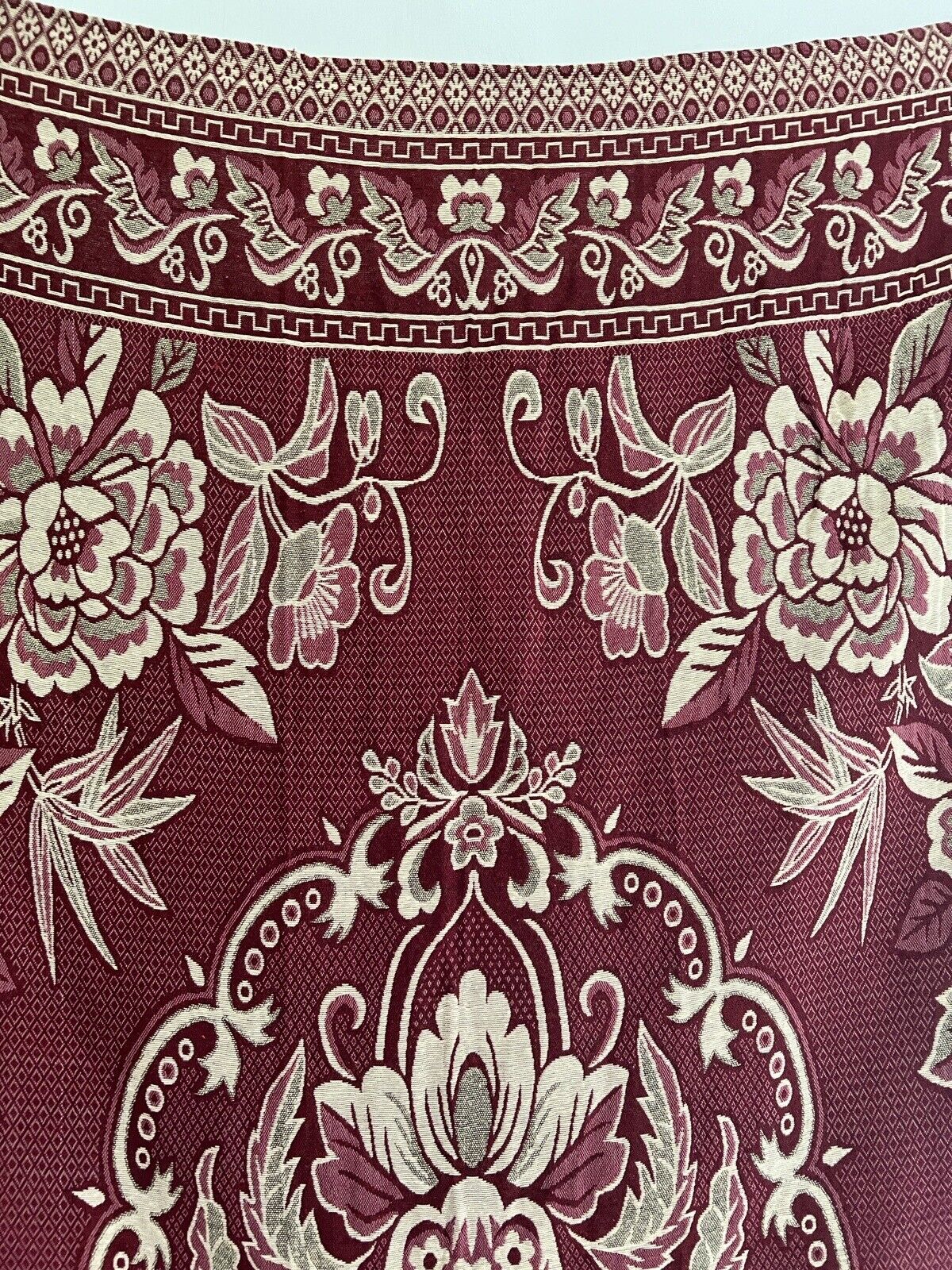 Vintage French FLORAL BURGUNDY BOTEH DAMASK wool BEDSPREAD fringes c1930