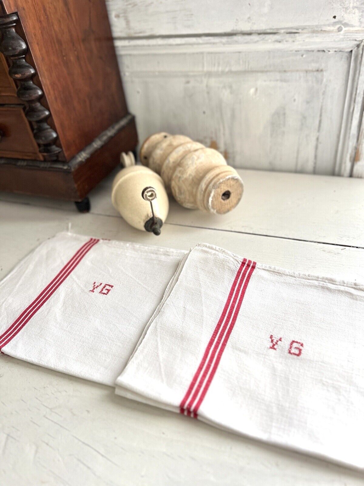 PAIR vintage French LINEN TEA TOWELS YG mono c1920